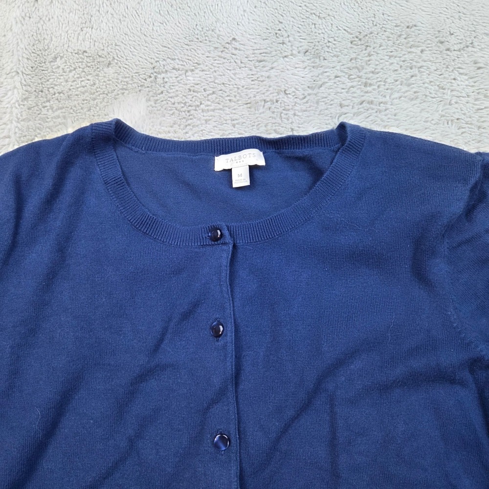 Talbots Cardigan Sweater Womens M Short Sleeve Button Front Crew Neck Navy Blue